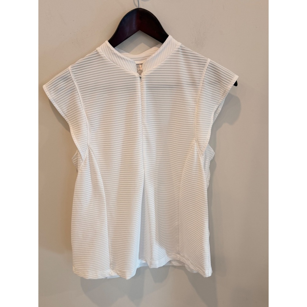 CALIA Women White Ribbed Mock Neck Zip Front Flutter Sleeve Active Top WCG1001 M